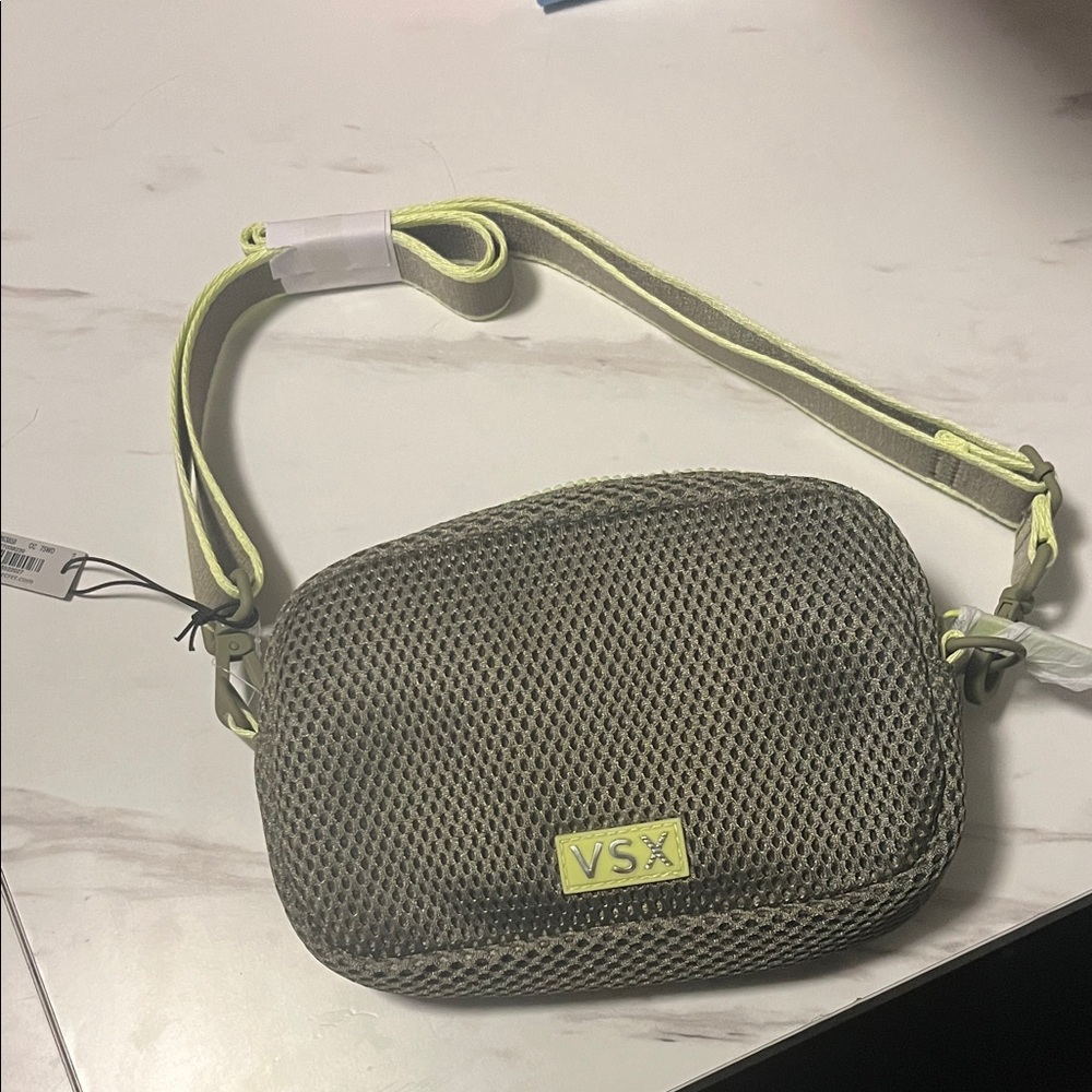 VSX Olive Mesh Crossbody with Neon Yellow Accents